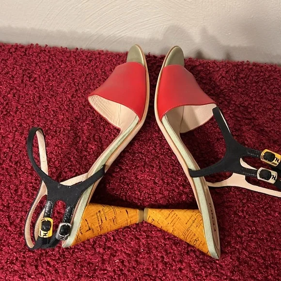 Fendi Olive Faille Color Block Ankle Strap Sandals size 8 - Picture 12 of 17